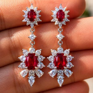 Ruby Red CZ Drop Earrings, 925 Sterling Silver Floral Halo Dangle Jewelry