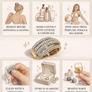 Puede incluir: Infograf&iacute;a sobre el cuidado de joyas ba&ntilde;adas en oro. El texto dice: &laquo;C&oacute;mo cuidar las joyas ba&ntilde;adas en oro&raquo;. Incluye ilustraciones que muestran la extracci&oacute;n de joyas antes de ducharse, evitando productos qu&iacute;micos, etc.