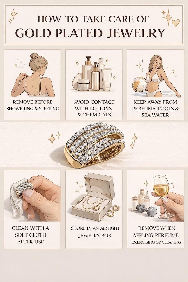 Puede incluir: Infograf&iacute;a sobre el cuidado de joyas ba&ntilde;adas en oro. El texto dice: &laquo;C&oacute;mo cuidar las joyas ba&ntilde;adas en oro&raquo;. Incluye ilustraciones que muestran la extracci&oacute;n de joyas antes de ducharse, evitando productos qu&iacute;micos, etc.