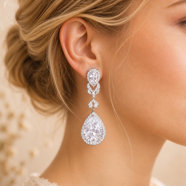 Pear CZ Drop Earrings 925 Sterling Silver Halo Teardrop Dangle Bridal Wedding Jewelry Gift