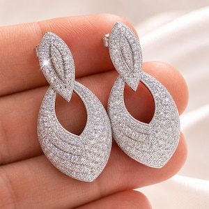 Orecchini pendenti a goccia con pavé di zirconi, in argento sterling 925, gioielli da sposa.