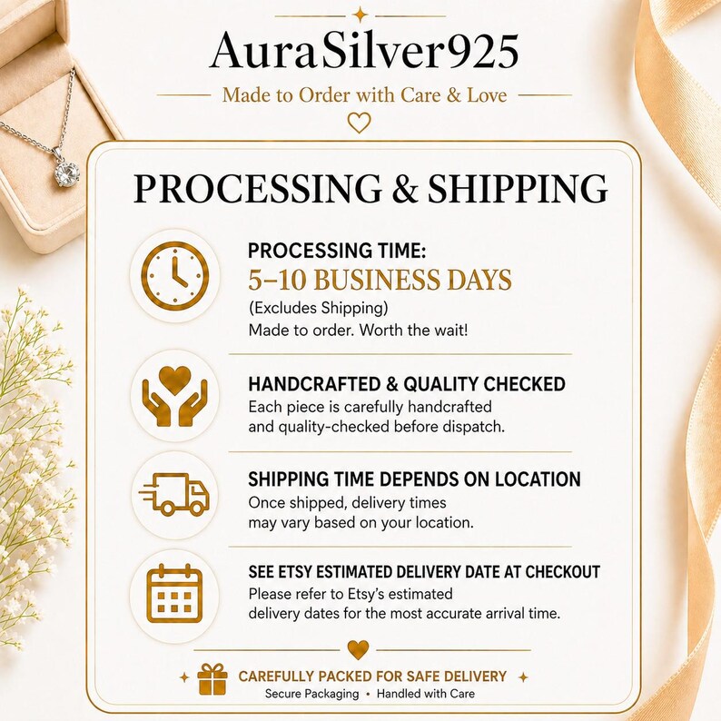 Puede incluir: Un gr&aacute;fico con el texto "Aura Silver925" e informaci&oacute;n sobre procesamiento y env&iacute;o. El texto incluye tiempo de procesamiento, calidad artesanal, tiempo de env&iacute;o e informaci&oacute;n de la fecha de entrega de Etsy.