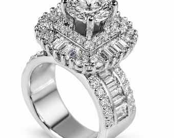 Anillo de compromiso/boda con halo cuadrado y circonitas cúbicas chapado en oro blanco de 18 quilates.