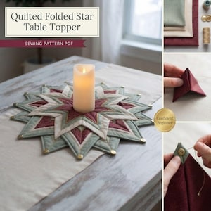 May include: A quilted folded star table topper sewing pattern PDF featuring a star-shaped fabric mat in sage green, burgundy, and cream with gold buttons at the points, topped with a lit pillar candle, plus instructional fabric folding steps.