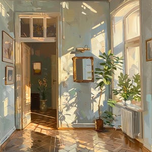 May include: An interior painting of a sunlit hallway with a doorway leading to another room. The walls are a light blue, and the floor is a glossy, patterned wood. A potted plant sits near a large window, and a mirror hangs on the wall.