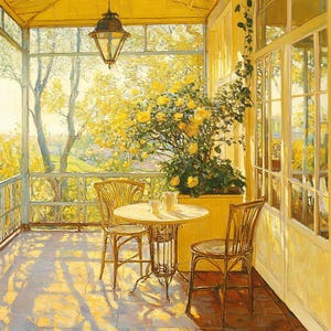 May include: A sunlit porch scene with yellow walls and a tiled floor. Two wicker chairs and a small round table are set for tea. A large planter of yellow roses sits against the wall. A vintage lantern hangs from the ceiling, and a view of a garden is visible.