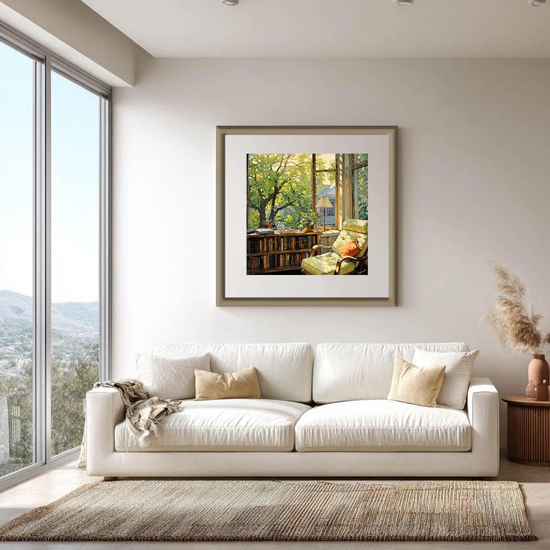 May include: A framed painting depicts a cozy reading nook with a window overlooking a lush green tree. A comfortable armchair and a bookshelf filled with books are visible. A white sofa with beige pillows and a rug are in the foreground.