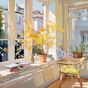 May include: An interior scene with a sunlit window featuring a potted plant with yellow and orange leaves. A stack of books and a small chair with a yellow cushion are also visible. The scene evokes a sense of warmth and tranquility.