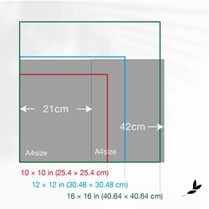 May include: Diagram showing size comparisons for prints. Includes measurements in inches and centimeters. The image shows a green border with a blue, red, and green rectangle inside. The sizes are 10 x 10 in, 12 x 12 in, and 16 x 16 in.
