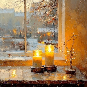 Peut inclure: Peinture d'une scène hivernale avec deux bougies allumées dans des supports en verre sur une table. Un petit arbre décoratif est à droite. La fenêtre révèle un paysage enneigé avec un éclairage chaleureux.