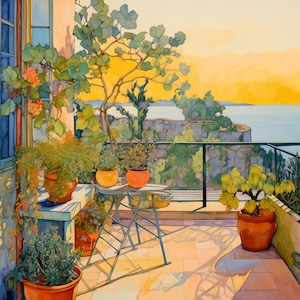 May include: Watercolor painting of a sunlit balcony overlooking a body of water. The balcony features potted plants, a small table, and a wrought-iron railing. The sky is a warm yellow, and the scene evokes a sense of tranquility.