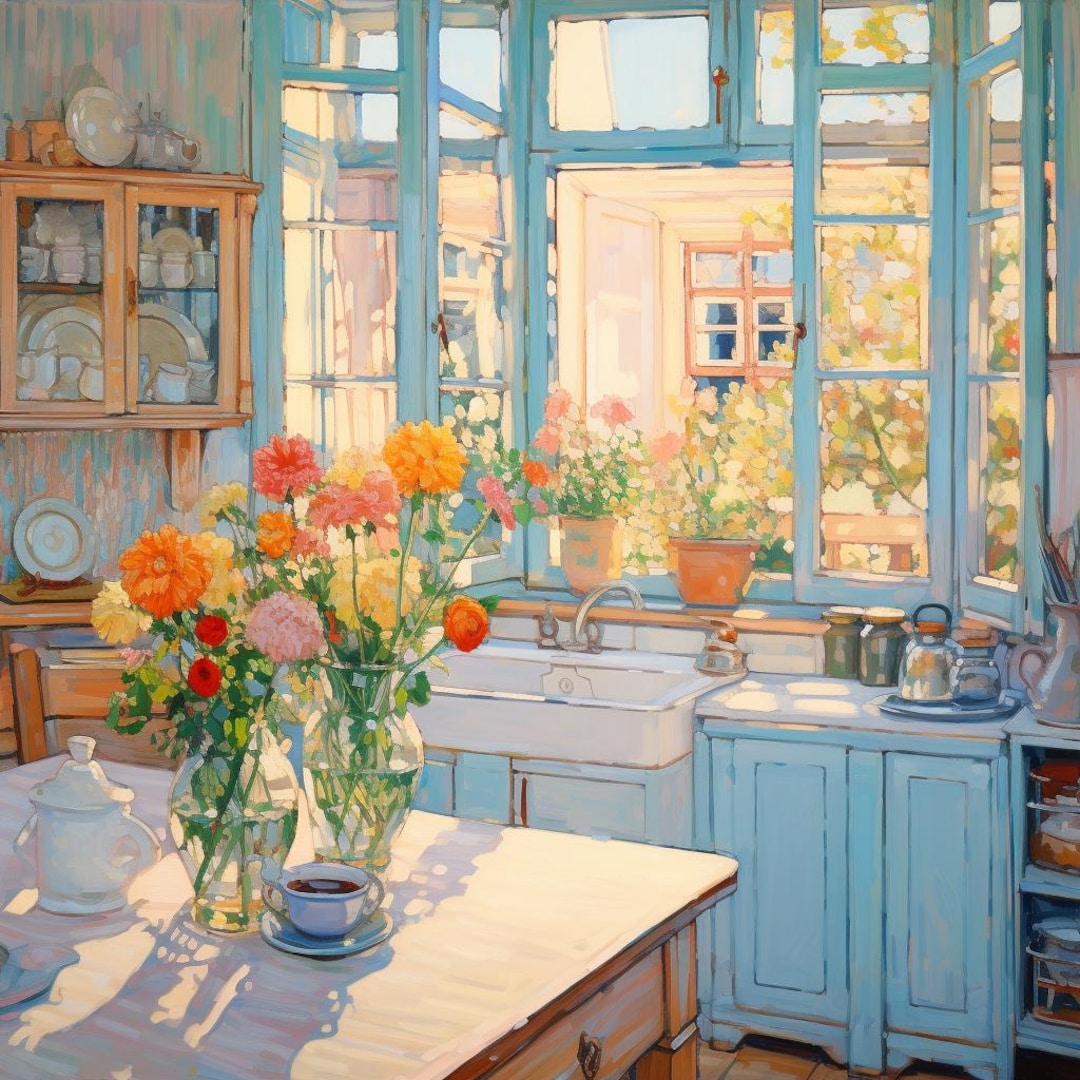 how a fine art print can transform your kitchen into a... Floral Kitchen Scene Art Print : Morning Kitchen by Kaoru Yamada - Etsy