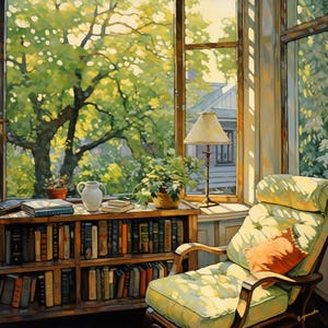 May include: An interior scene featuring a cozy reading nook bathed in sunlight. A wooden bookshelf is filled with books, and a comfortable armchair with a green cushion and orange pillow sits nearby. A lamp and potted plants add to the inviting atmosphere, with a large window offering a view of lush greenery.