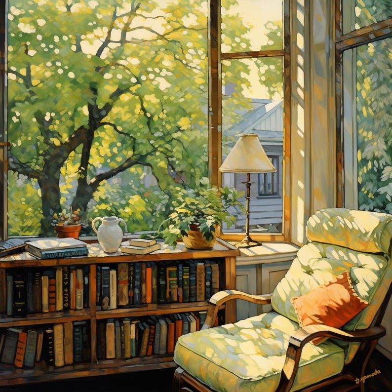 May include: An interior scene featuring a cozy reading nook bathed in sunlight. A wooden bookshelf is filled with books, and a comfortable armchair with a green cushion and orange pillow sits nearby. A lamp and potted plants add to the inviting atmosphere, with a large window offering a view of lush greenery.