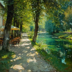 May include: An impressionistic painting of a sunny outdoor cafe scene. The painting depicts a pathway lined with trees, leading to a cafe with tables and chairs. A river flows alongside the path, reflecting the sunlight.