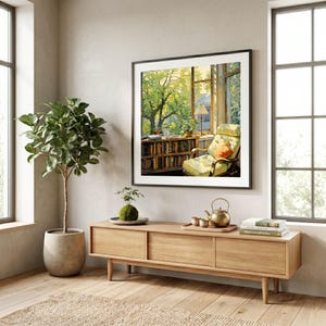 May include: A framed art print depicts a cozy reading nook with a window view of a lush green tree. The room features a wooden cabinet, a potted plant, and a patterned armchair. A small bonsai tree sits on the cabinet.