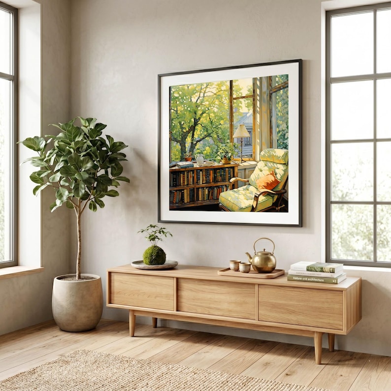 May include: A framed art print depicts a cozy reading nook with a window view of a lush green tree. The room features a wooden cabinet, a potted plant, and a patterned armchair. A small bonsai tree sits on the cabinet.