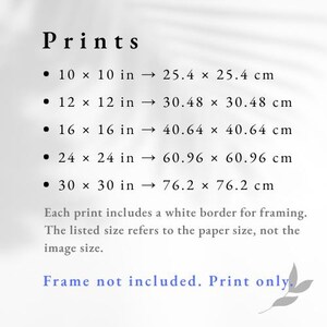 May include: A white background with the word "Prints" in a serif font. The image lists print sizes: 10 x 10 in, 12 x 12 in, 16 x 16 in, 24 x 24 in, and 30 x 30 in, with their centimeter equivalents. Text states prints include a white border and frame not included.