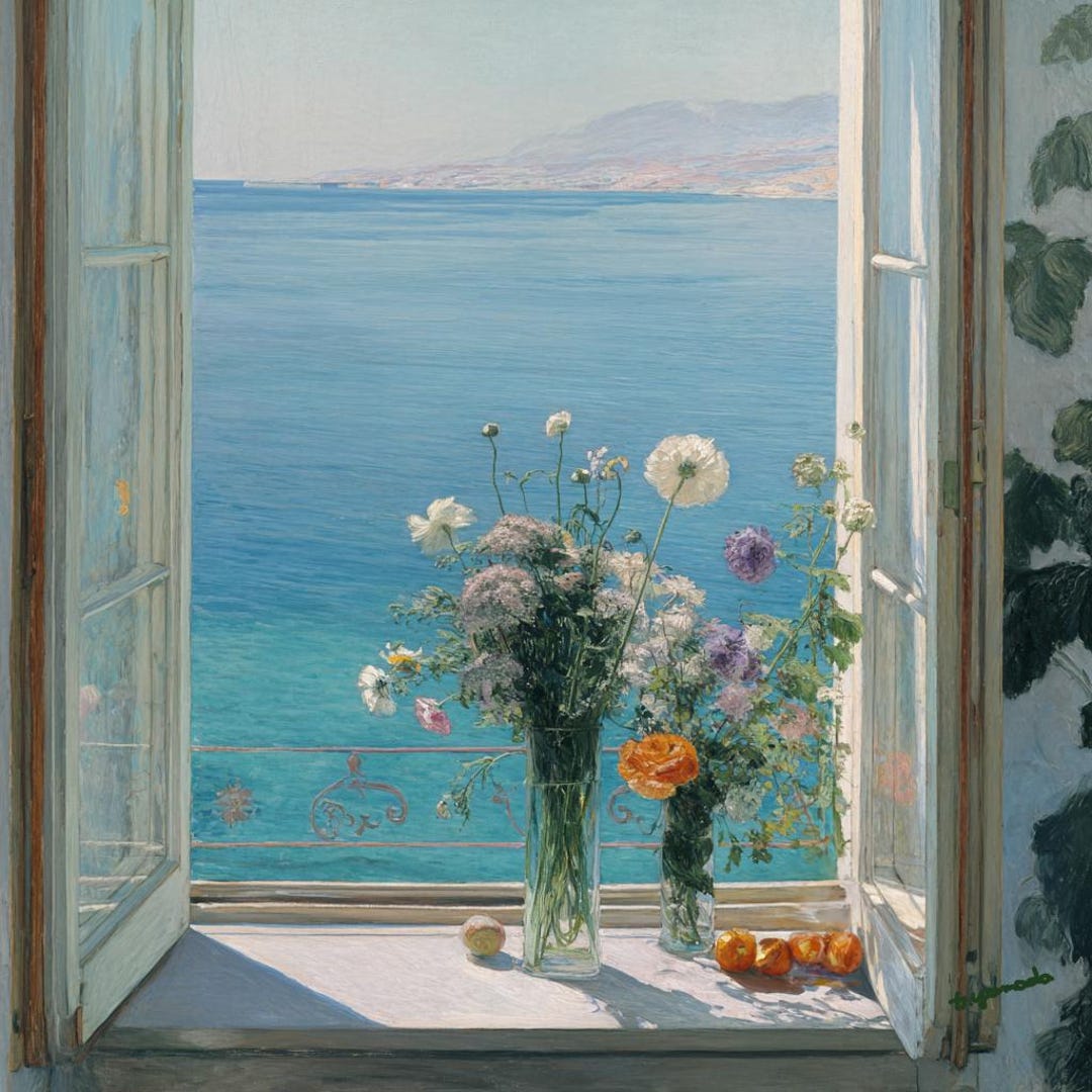 Seaside Window & Blooming Flowers Art Print : Sunward Blooms by
