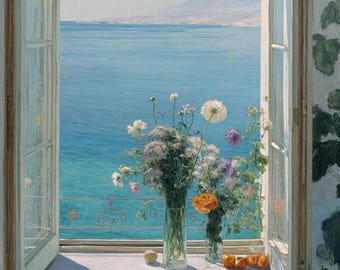 May include: A painting of an open window overlooking a bright blue sea and distant mountains. Two vases of flowers sit on the windowsill, with a few oranges and a single lemon. The window frame is white, and the scene is bathed in sunlight.