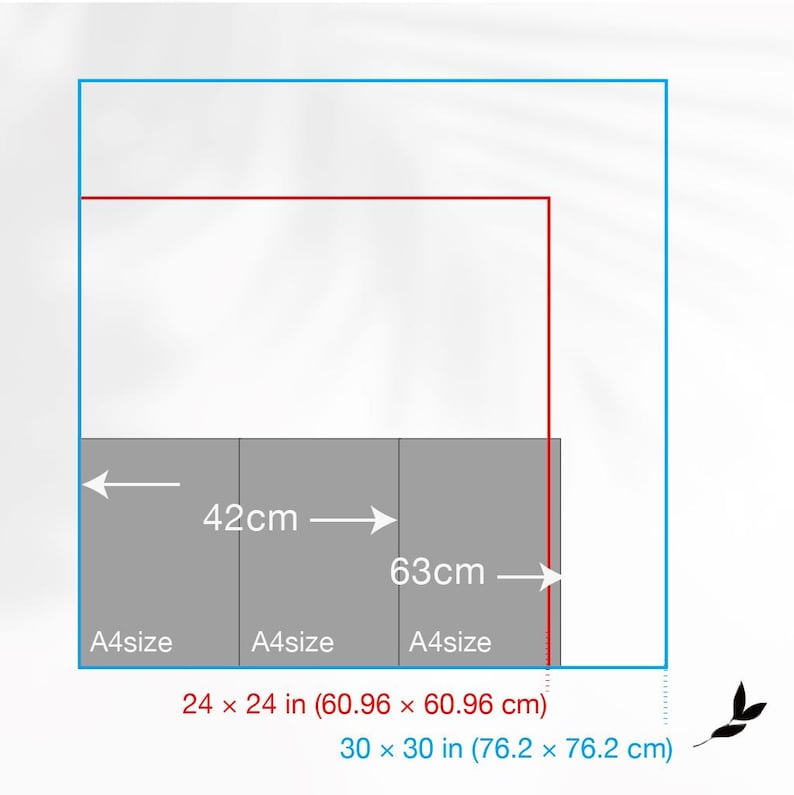 May include: Diagram showing size comparisons. The image includes a gray rectangle divided into three sections, each labeled "A4size." Dimensions are provided: 24 x 24 inches (60.96 x 60.96 cm) and 30 x 30 inches (76.2 x 76.2 cm).