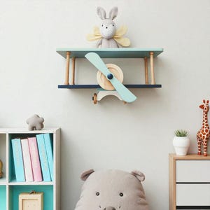 Wooden Airplane Wall Shelf, Floating Kids Storage Rack, Nursery Wall Decor, Children’s Furniture Display Shelf for Toys and Room Decoration