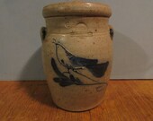 Rowe Pottery Works Cambridge Wisconsin Vintage Crock and Cover with Cobalt Blue Bird Decoration Paul McVicker 1983 1993 6874