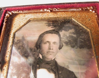Double Glass Gold Color Pinchbeck Framed. Half Case 163 yr Old Darling Fashion Pose VICTORIAN AMBROTYPE Lady Full Big Dress Artist Tinted