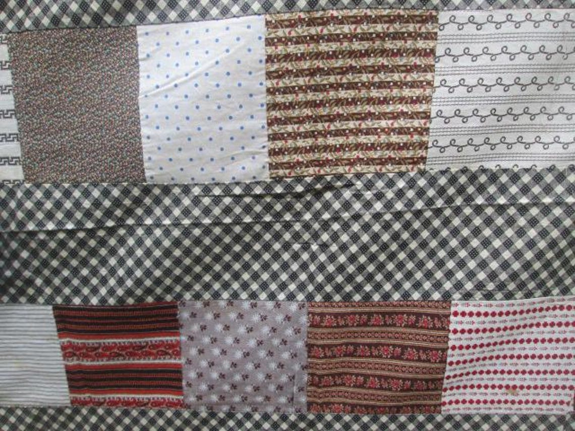 Antique Hand Stitched Quilt TOP Only 1860 1870 Fabrics Printed Cotton ...