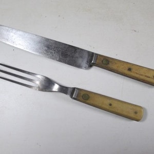 Civil War Era 1866 Patent Antique Fork and Knife Three Tine Bone and Brass Handles Landers Frary Clark  9466