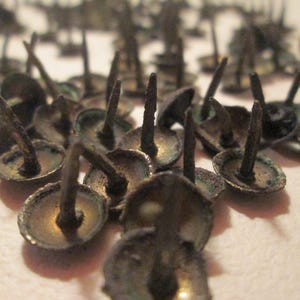May include: A collection of numerous metal upholstery tacks featuring a dark, weathered, and oxidized finish. Each tack consists of a small, circular, slightly domed head with a sharp, pointed nail extending vertically from the center.