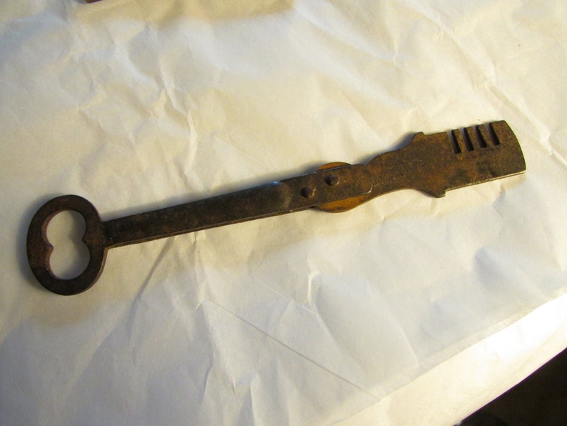 Antique Steel Folding Key Signed Vintage Primitive Steampunk 1800s lock Decor