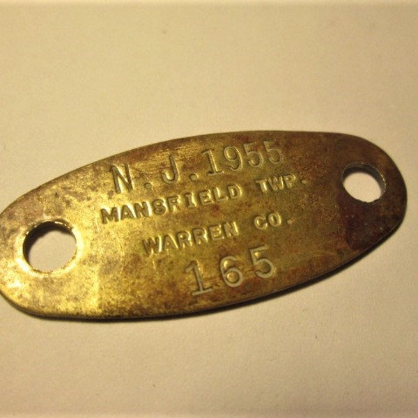 Vintage 1955 Dog Tag Brass License Mansfield TWP New Jersey Number 165 Vintage pet Item Repurpose to Jewelry 8460