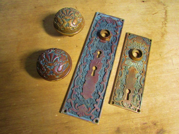 Antique Door Knob Set In Bronze Scallop Shell Floral Pattern Etsy