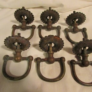 Unusual Set of SIX Cast Brass Victorian Drawer Ring Pulls Handles Star Pattern Plates  6941