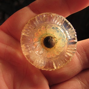 May include: A clear, round glass knob with a decorative floral pattern and a central dark brown accent. The knob has a ridged edge and is likely for a drawer or cabinet. The glass has a slight opalescent quality.