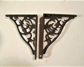Pair of Cast Iron Shelf Bracket Small Size Baroque Scroll Vines in Black Paint Antique Victorian Vintage 8063