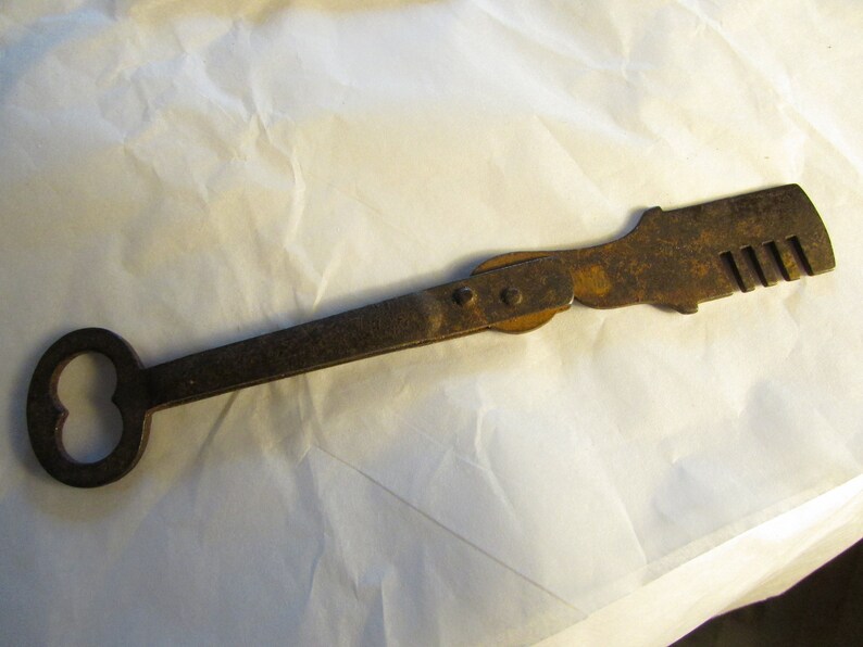 Antique Steel Folding Key Signed Vintage Primitive Steampunk 1800s lock Decor