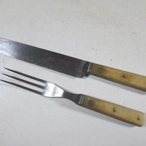 Civil War Era 1866 Patent Antique Fork and Knife Three Tine Bone and Brass Handles Landers Frary Clark  9468 #3