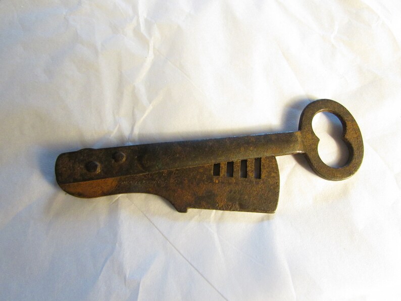 Antique Steel Folding Key Signed Vintage Primitive Steampunk 1800s lock Decor