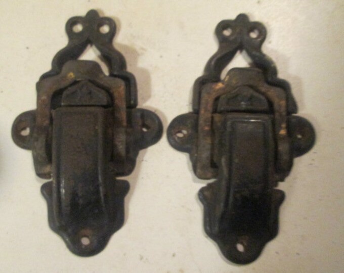 Pair Antique Trunk Latches Cast Iron and Pressed Steel With Hearts