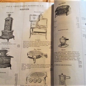 May include: An open book page featuring illustrations of antique stoves and hot plates. The page includes text and drawings of various models, including coal stoves, electric ranges, and gas plates, with detailed descriptions.