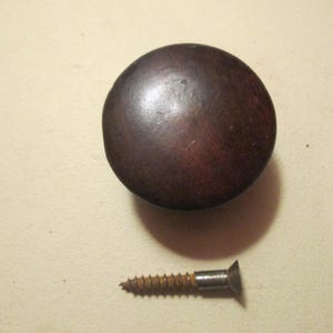 May include: A round, dark brown wooden cabinet knob with a smooth, polished surface. Below the knob lies a single metal screw featuring a flat head and a threaded shank, showing signs of oxidation along the length of the metal threads.