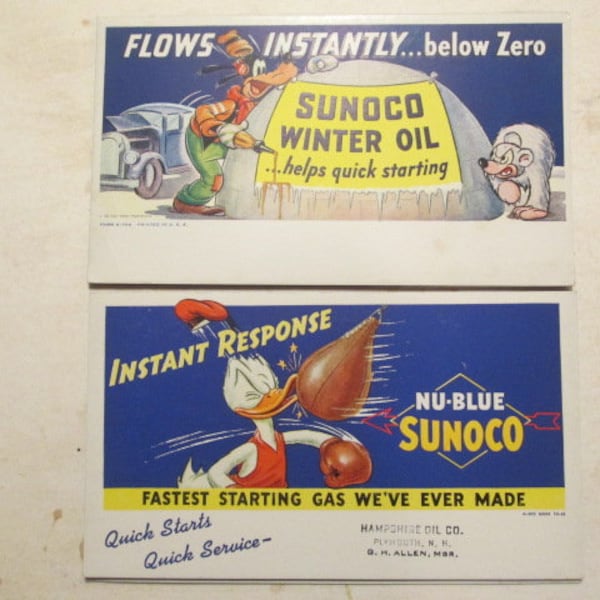 WWII Vintage Walt Disney Donald Duck and Goofy Sunoco Oil Ink Blotters 1939 1941 TWO per Lot Winter Oil Nu Blue Gas Bill Board Style 8787