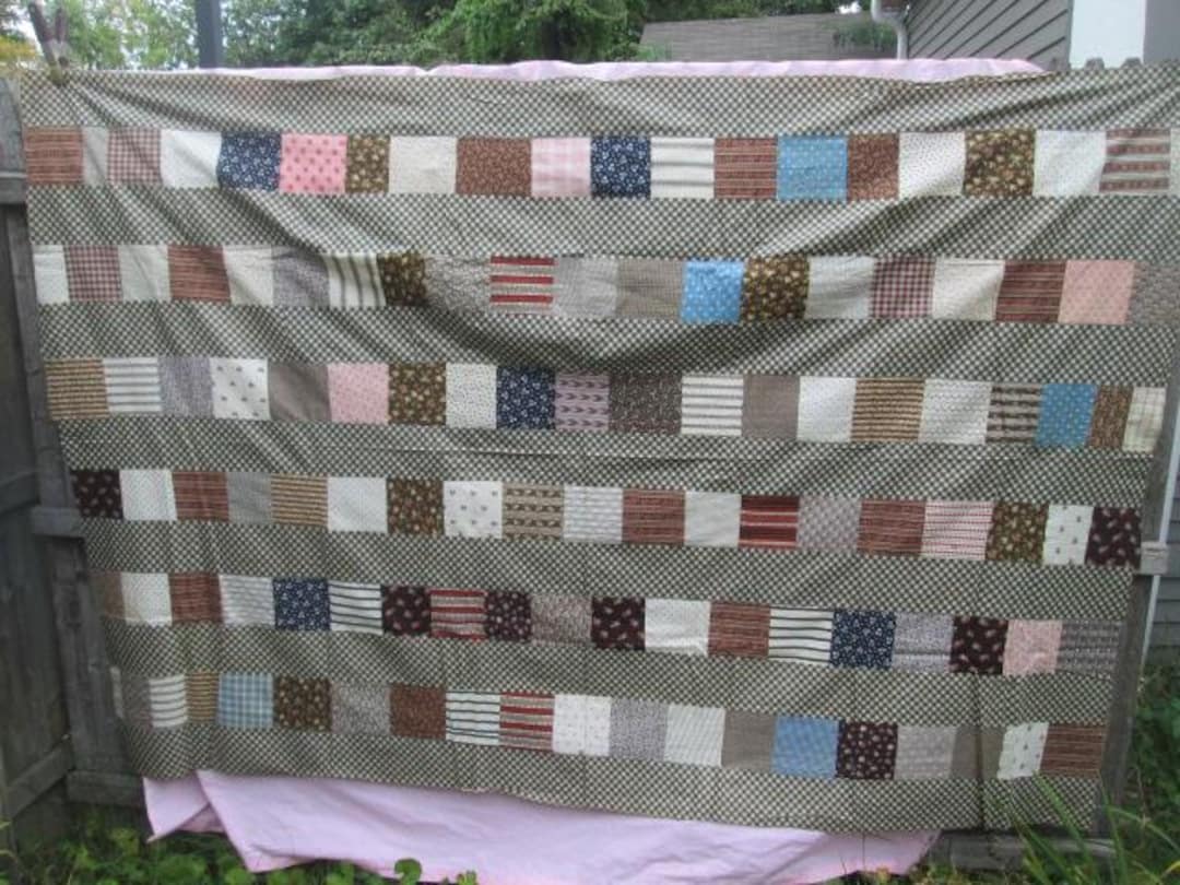Antique Hand Stitched Quilt TOP Only 1860 1870 Fabrics Printed Cotton ...