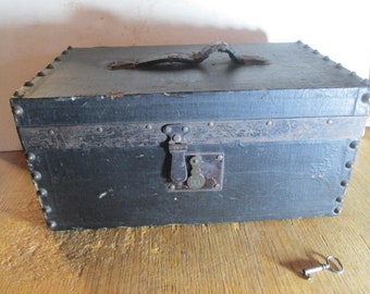 1800s Victorian Valuables Box Miniature Trunk Eagle Lock Hasp and Key Wallpaper Interior Black Canvas Brass Dome Head Tacks to restore 8798