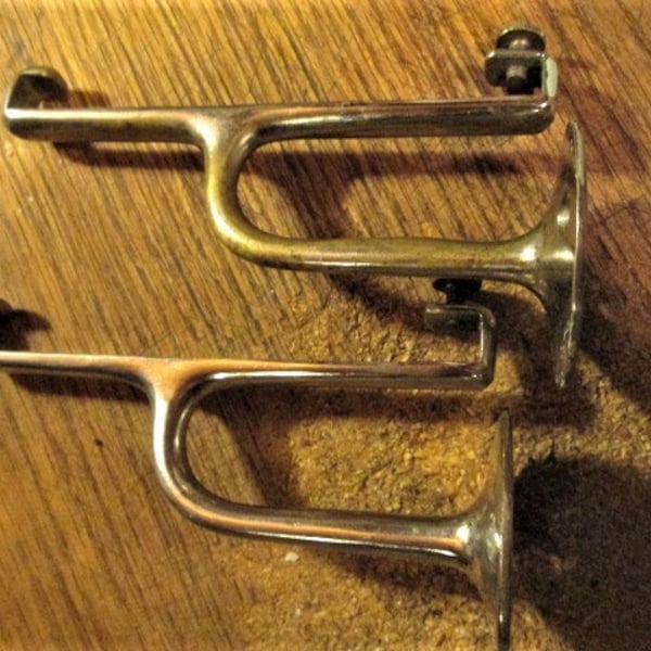 PAIR Older Vintage Chrome or Nickel Plated Brass Art Deco Era Shabby Worn Bathroom Shelf Brackets Barber Kitchen Back Bar 8307