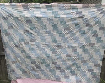 Vintage Blue and White Brick Quilt TOP only 1910s 1920s semi Antique Fabric 9076