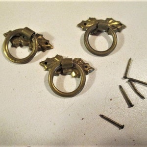 May include: Three antique brass ring pulls with decorative leaf-shaped backplates and several small nails. The ring pulls are a warm, aged brass color, and the nails are a similar tone. The hardware is likely for furniture restoration or crafting.