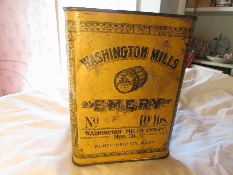Large Washington Mills Emery Litho Tin Can Box Period Original Item Antique Vintage 6480